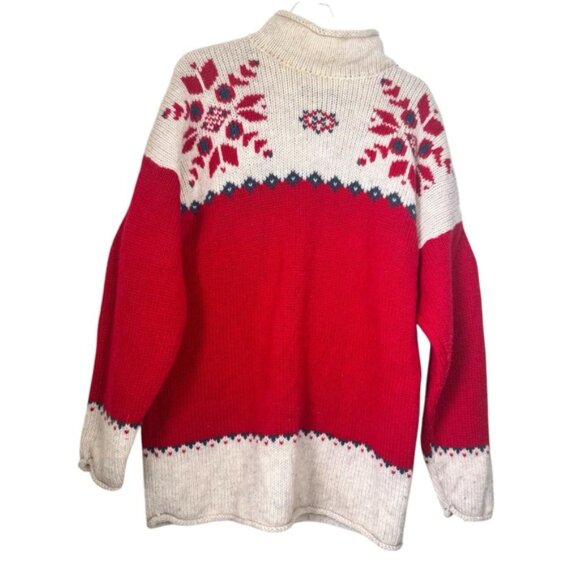 Eddie Bauer Vintage 90s Nordic Wool Heavy Knit Sweater Red Tan Hi Funnel Neck L - Picture 2 of 16